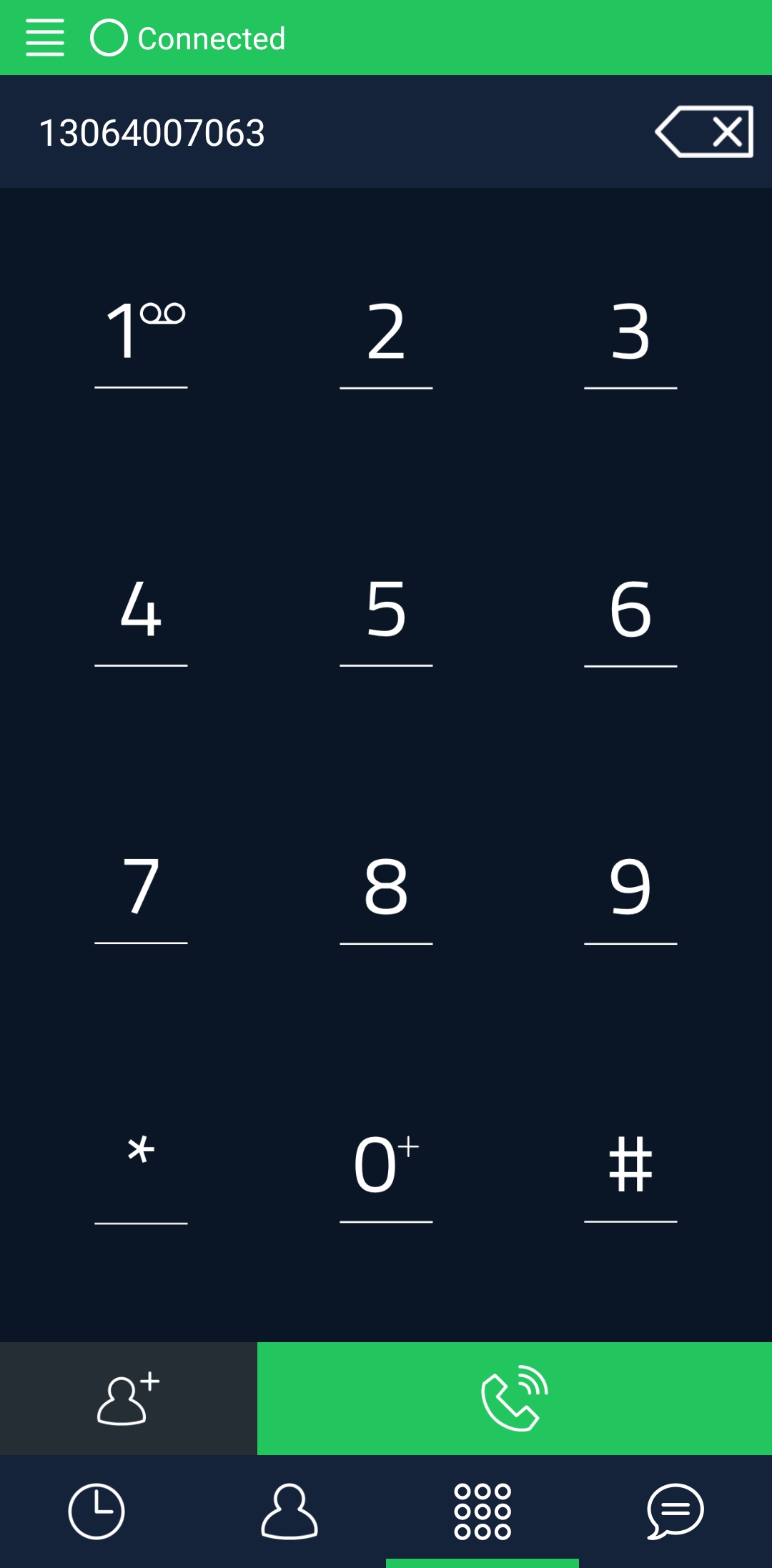 HAMS calling screen with a dial pad and tabs for recent calls, contacts, and messages
