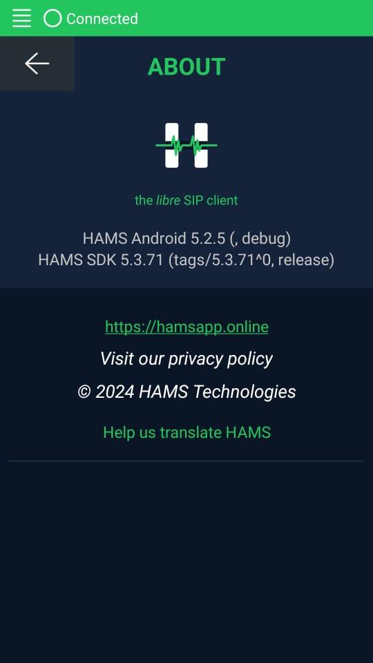 HAMS About screen · Google Play listing