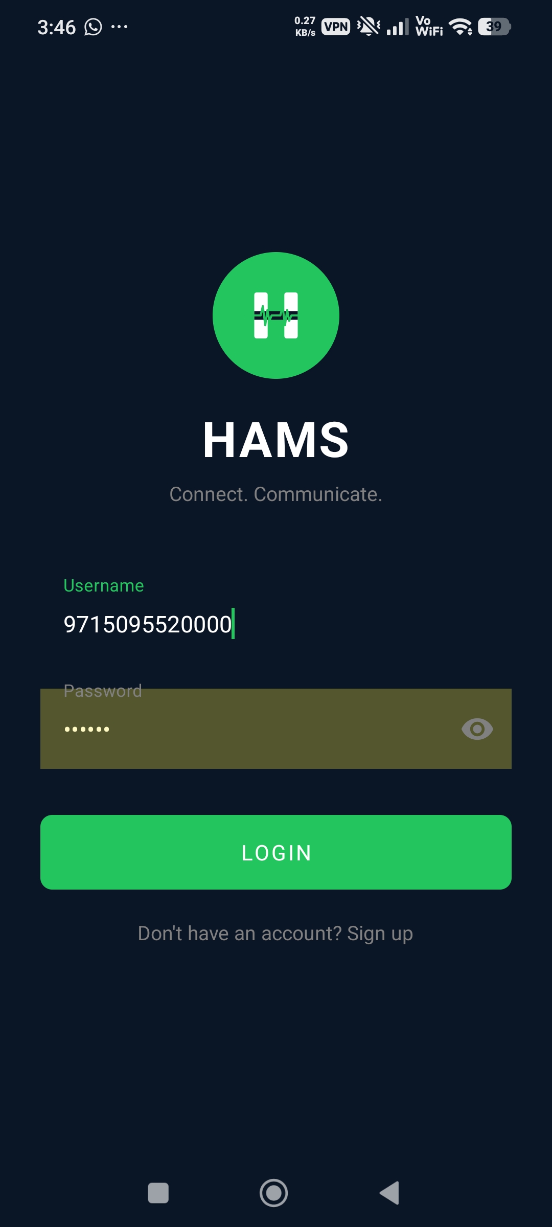 HAMS app login screen with Username and Password fields and a green LOGIN button